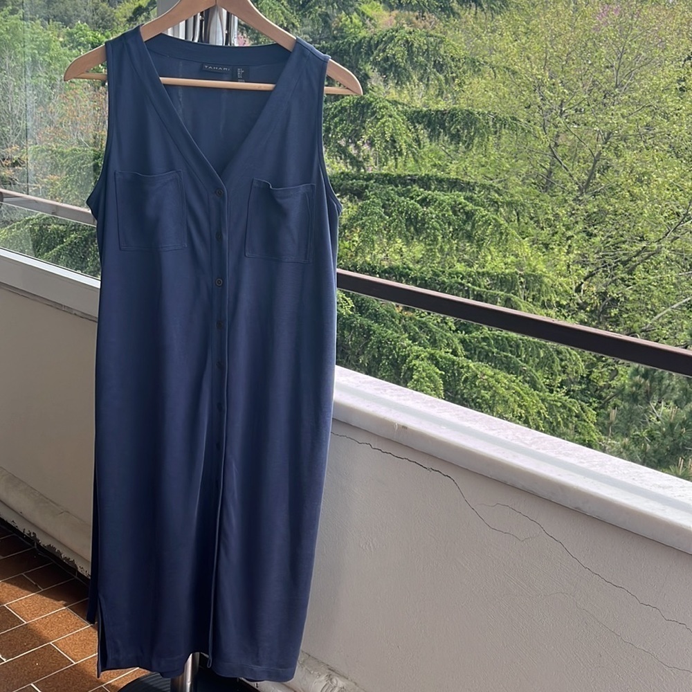 Tahari midnight blue midi button down sleeveless shirtdress - Picture 11 of 11